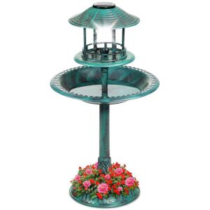 Solar Lighted Outdoor Pedestal Bird Bath w/ Planter, Decorative Bird Cage 