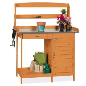 Garden Wooden Potting Bench w/ Metal Table Top - Natural 