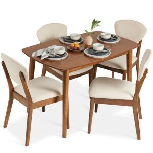 5-Piece Wooden Mid-Century Modern Dining Set w/ 4 Chairs, Padded Seat & Back 