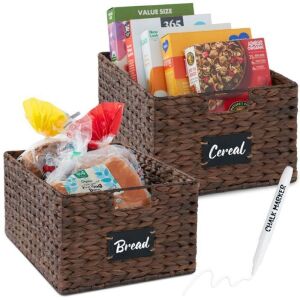 Set of 2 Water Hyancinth Pantry Baskets w/ Chalkboard, Marker - 16in 