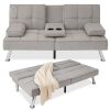 Linen Upholstered Convertible Sofa Bed Futon w/ 2 Cupholders 