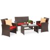 4-Piece Outdoor Wicker Conversation Patio Set w/ 4 Seats, Glass Table Top 