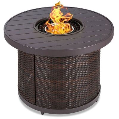 Round Fire Pit Table, 50,000 BTU Outdoor Wicker Firepit w/ Cover - 32in 