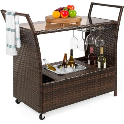 Wicker Serving Bar Cart w/ Wheels, Glass Counter, Ice Bucket 