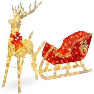 Lighted Christmas Reindeer & Sleigh Outdoor Decor Set w/ LED Lights Reindeer Dimensions: 34"(L) x 15"(W) x 48"(H) Sleigh Dimensions: 36"(L) x 10"(W) x 27"(H)