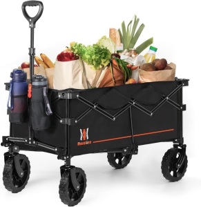 Navatiee Collapsible Folding Wagon, Wagon Cart Heavy Duty Foldable with Two Drink Holders, Utility Grocery Wagon for Camping Shopping Sports, S2, Black 32.7"D x 18.1"W x 20.9"H