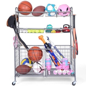 Kinghouse Garage Sports Equipment Organizer, Sports Equipment Storage for Garage with Baskets and Hooks, Rolling Basketball Racks for Balls with Wheels, Outdoor Toy Storage, Grey, Powder Coated Steel 35.6" L x 16.4" W x 46.8" H