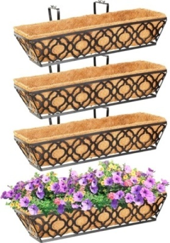 Y&M 4pcs 24 Inch Window Deck with Coconut Coir Liner, 24" Railing Planter Horse Trough Coco Basket Boxes Metal Hanging Flower Balcony for Outdoor Garden Fence Lawn