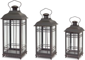 Melrose Rustic Decorative Hanging Metal and Glass Outdoor Porch Deck Patio Home Room Décor Lantern Candle Holder Lights, Bronze (Set of 3) 6.25"L x 6.25"W x 14"H