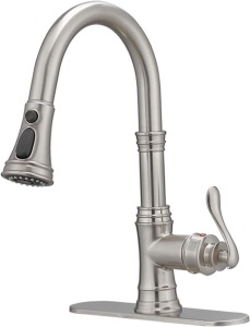 BWE Kitchen Faucet with Pull Out Sprayer 3 Spray Modes Brushed Nickel Single Handle Singe Lever High Arc Kitchen Sink Faucet with Deck Plate Lead-Free Commercial Bar Farmhouse Pull Down Sprayer