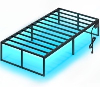 Rolanstar Bed Frame with USB Charging Station, Twin Bed Frame with LED Lights, Platform Bed Frame with Heavy Duty Steel Slats, 14" Storage Space Beneath Bed 75"L x 39"W x 14"H