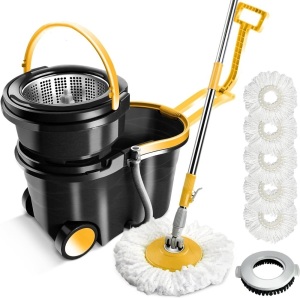 MASTERTOP Spin Mop Bucket with Wringer Set, Floor Mop with 2 Wheels, Stainless Steel Adjustable Handle, 5 Microfiber Washable Mop Refills, 1 Floor Brush, Laminate, Hardwood, Tiles