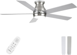 POCHFAN 52 Inch Low Profile Ceiling Fans With Lights and Remote, Flush Mount Ceiling Fan, LED Dimmable DC Reversible Modern Ceiling Fan for Bedroom, Living Room, Dining Room etc, Brushed Nickel