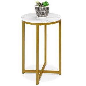 Round Coffee Side Table w/ Faux Marble Top, Metal Frame - 16in 