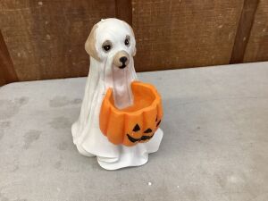 Halloween Ghost Dog Statue with Pumpkin Candy Holder 