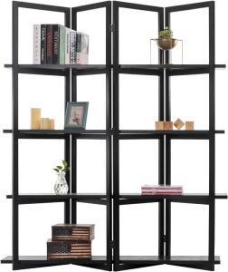 MyGift 4-Panel Open Bookcase Black Wood Room Divider with 4 Shelves 