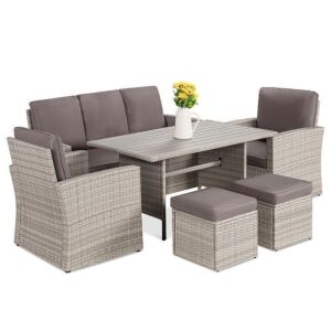 7-Seater Conversational Wicker Dining Table, Outdoor Patio Furniture Set w/ Cover