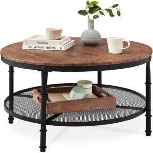 2-Tier Round Industrial Wood & Steel Coffee Table, Storage Shelves - 35.5in 