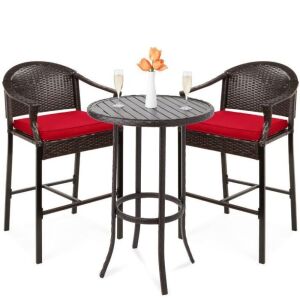 3-Piece Outdoor Bistro Wicker Table Bar Set w/ Bar Stools, Footrests 