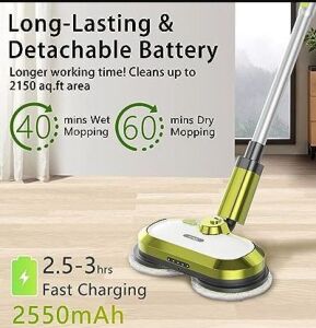 Cordless Electric Mop, Electric Spin Mop with LED Headlight and Water Spray, Up to 60 mins Powerful Floor Cleaner with 300ml Water Tank, Polisher for Hardwood, Tile Floors, Quiet Cleaning & Waxing