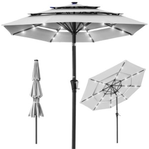 3-Tier Solar Patio Umbrella w/ LED Lights, Tilt Adjustment, Crank - 10ft