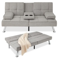Linen Upholstered Convertible Sofa Bed Futon w/ 2 Cupholders&nbsp;65.25"(L) x 32"(W) x 29"(H)