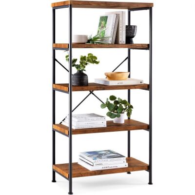 5-Tier Industrial Bookshelf w/ Metal Frame, Wood Shelves 