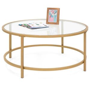 Round Tempered Glass Coffee Table w/ Steel Frame - 36in 