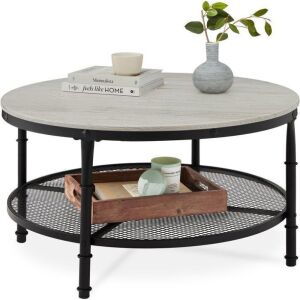 2-Tier Round Industrial Wood & Steel Coffee Table, Storage Shelves - 35.5in 