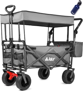 AUKAR Collapsible Canopy Wagon - Heavy Duty Utility Outdoor Foldable Garden Cart - with Adjustable Push Pulling Handles,Big Wheels for Sand, for Shopping, Picnic, Camping, Sports - Grey 44"D x 22"W x 43"H