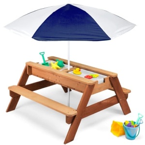 3-in-1 Kids Sand & Water Table Outdoor Wood Picnic Table w/ Umbrella   Table Dimensions: 38"(L) x 37.75"(W) x 19.5"(H) Benches: 37.5"(L) x 4.75"(W) Floor-to-Seat: 10.5"(H) Umbrella: 51.25"(Dia) x 43.5-66.5"(H) Table-to-Umbrella: 15-35.5"(H) Plastic Bins: 