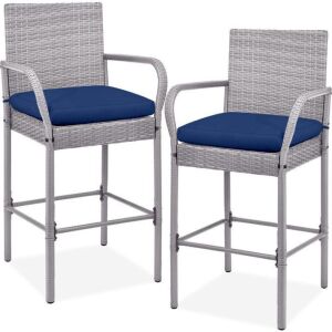 Set of 2 Indoor Outdoor Wicker Bar Stools w/ Cushion, Footrests, Armrests 