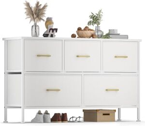 5 Drawer Dresser with Sturdy Steel Frame, Leather Finish, Wood Top, Glacier White