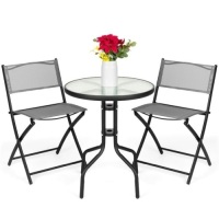 3-Piece Bistro Set w/ Glass Table, 2 Foldable Chairs Table Dimensions: 23.75"(Dia) x 28.25"(H) Chair: 18"(L) x 17.75"(W) x 31.5"(H) Back: 17.75"(L) x 1"(W) x 14.5"(H) Seat: 16.25"(L) x 14"(W) x 0.25"(Thick) Floor-to-Seat: 19"(H)