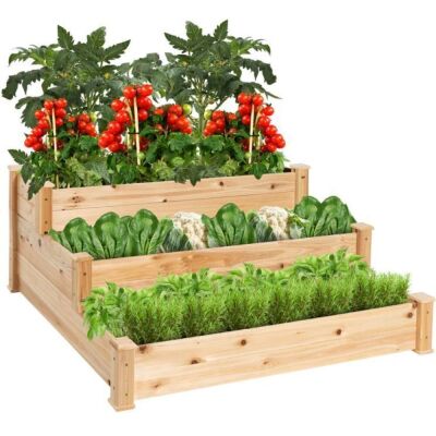 3-Tier Raised Fir Wood Garden Bed Planter w/ Stackable & Flat Setup 