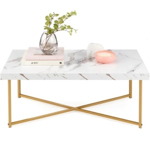 Rectangular Coffee Table w/ X-Base, Faux Marble Top, Non-Scratch Feet - 44in