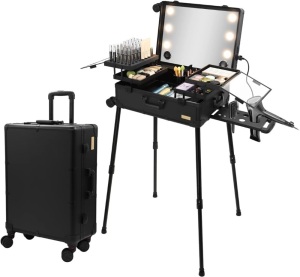 Tense Edano Extra Large Aluminum Trolley Makeup Train Case with Built-in LED Lights Professional Cosmetic Organizer Studio with Speaker & Stand Rolling Lighted Makeup Vanity Station (black)