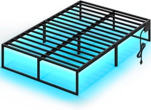 Rolanstar Bed Frame with USB Charging Station, Full Bed Frame with LED Lights, Platform Bed Frame with Heavy Duty Steel Slats, 14" Storage Space Beneath Bed