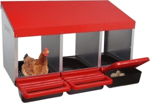 ZenxyHoC Chicken Nesting Boxes, 3 Hole Metal Chicken Egg Laying Box with Swing Perch and Rollout Egg Collection for Chicken Coop 31"L x 20"W x 20"H