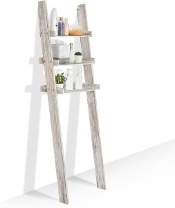 MyGift Over-The-Toilet Storage Shelves, 3-Tier Rustic Whitewashed Wood Leaning Bathroom Ladder Shelf 15.75"D x 23.25"W x 66.5"H