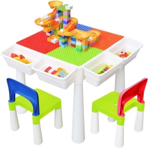 67i Kids Activity Table and 2 Chairs Set 3-in-1 Compatible Multi Activity Table Set for Kids Use As A Building Block Table Water Table Craft Table 20"L x 20"W x 19"H