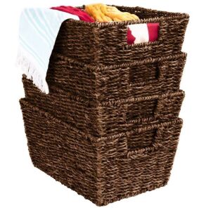 Set of 4 Seagrass Storage Tote Baskets, Laundry Organizer w/ Insert Handles 