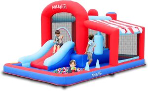 AirMyFun Inflatable Bounce House with Slide, Jumping Castle with Blower,Children Outdoor Playhouse with Jumping Ball Pit&Basketball Hoop&Target Balls