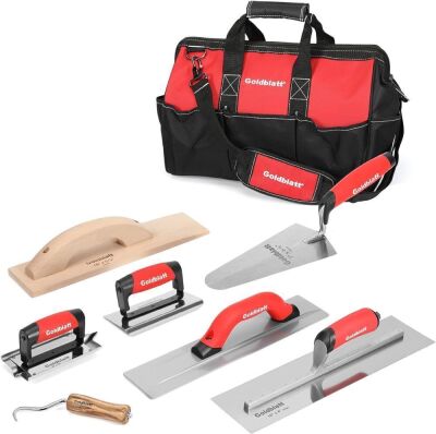 Goldblatt 8 Piece Masonry Hand Tool Set Includes Finishing Trowel, Gauging Trowel, Groover, Edger, Extruded Alloy Float, Wood Float and Wire Twister, Organized in Tool Bag 