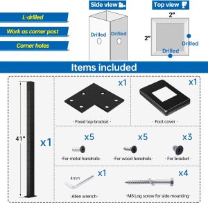 Muzata L-drilled Corner Post 42"x2"x2" Fixed Top Cable Railing Post Top Mount One-Post Corner Solution Black Finish Stainless Steel Wood Concrete Level Deck, PS02 BC4L