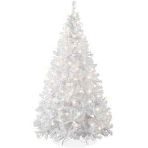 Pre-Lit Hinged Artificial White Pine Christmas Tree w/ Lights, Metal Stand 6FT