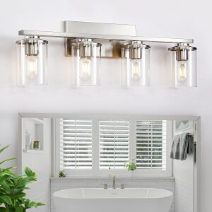 Doltoro 4-Light Bathroom Light Fixtures, Brushed Nickel Vanity Lights for Bathroom, Modern Bathroom Vanity Light with Clear Glass Shade, Brushed Nickel Bathroom Lights Over Mirror