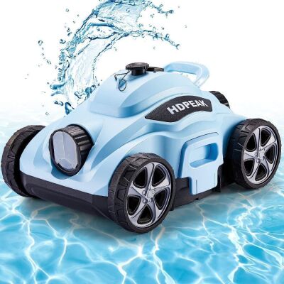 HDPEAK Cordless Robotic Pool Cleaner, Lasts 110 Mins, Auto-Parking, Rechargeable, Ideal for Above/In-Ground Pools Up to 50 feet, Blue 