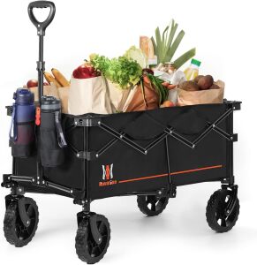 Navatiee Collapsible Folding Wagon, Wagon Cart Heavy Duty Foldable with Two Drink Holders, Utility Grocery Wagon for Camping Shopping Sports, S2, Black