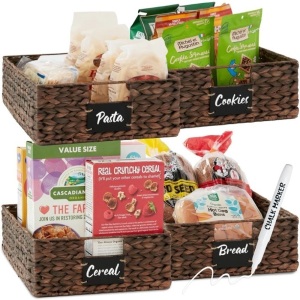 Set of 4 Water Hyancinth Pantry Baskets w/ Chalkboard, Chalk Marker